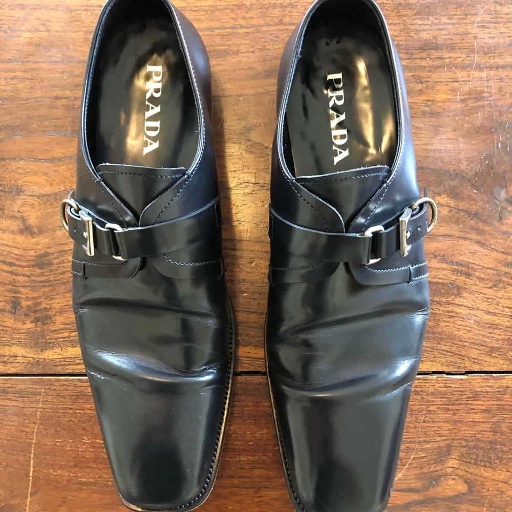 Prada Black Leather Monk Strap Men’s Dress Shoes